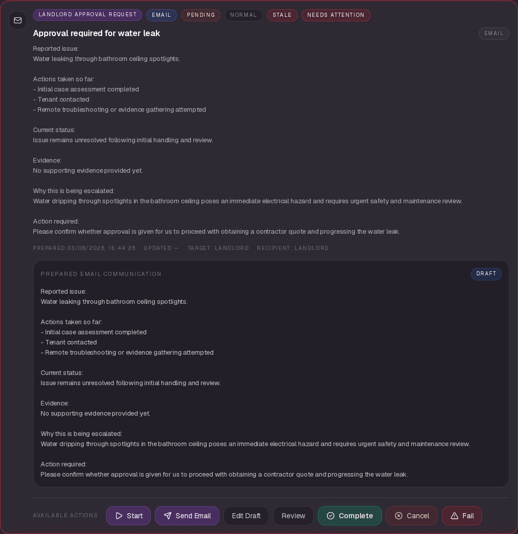 A real Cerberus prepared landlord approval email, in draft, with Start, Send, Edit Draft and Review actions waiting for a person on the team